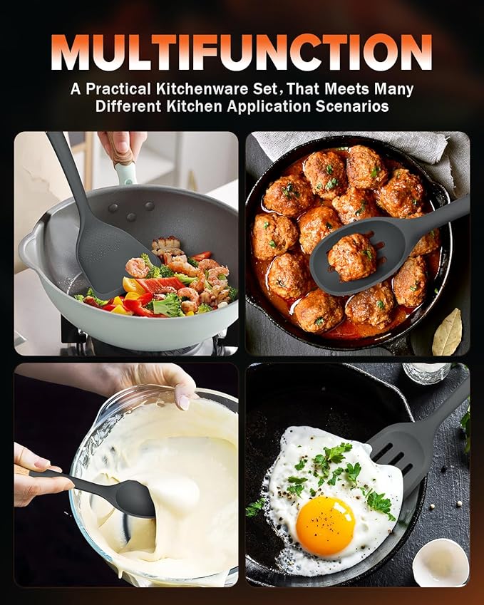 Silicone Cooking Utensils Set, Perfectly Angled for Frying, Mixing,Serving,Draining,Turning and Stirring, BPA-Free Matte Silicone, Wood Handles, Safe for Nonstick Cooking Surfaces,4 Pack (Grey)