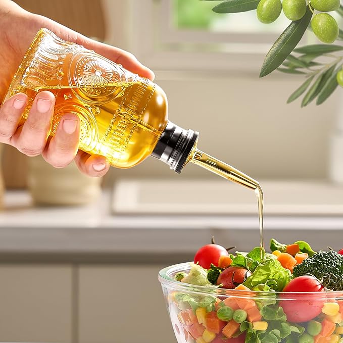 Baalaka Glass Oil Bottles 7OZ, Olive Oil Dispenser Bottle for Kitchen with Metal Spout, Elegant Glass Cooking Dispenser for Kitchen