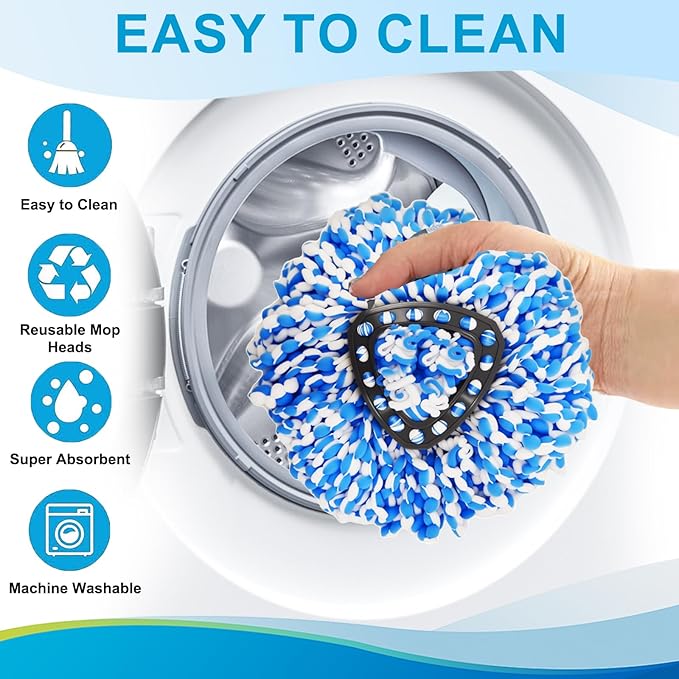O-Cedar Spin Mop Head, Base, Handle Replacement for RinseClean 2 Tank System, 4 Microfiber Mop Refills,1 Scrub Brush,1 Base and 30-58in Handle Set Combo, Blue, for Wood, Tile, Laminate, Marble