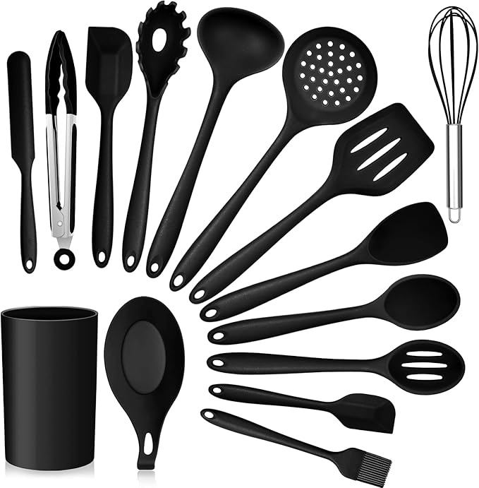 Kitchen Utensils Set, E-far 15-Piece Silicone Cooking Utensils with Holder, Non-stick Cookware Friendly & Heat Resistant, Includes Ladle Spatula Spoon Slotted Turner for Cooking & Baking (Black)
