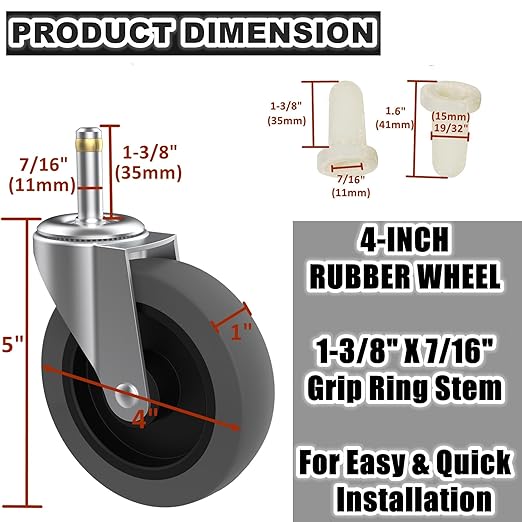 RILIDRI 4-Inch Swivel Stem Caster for Rubbermaid Mop Bucket Utility Cart, 7/16-Inch Stem Diameter Rubber Wheel Set of 4, Heavy Duty TPR Weber Grills Shop Vac Replacement Wheels