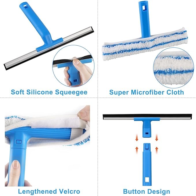 Mitclear Window Cleaner with Long Handle(57IN), Glass Cleaning Tools with Silicone Squeegee & Microfiber Scrubber, Window Cleaning Kit for Shower Glass Mirror Door Car