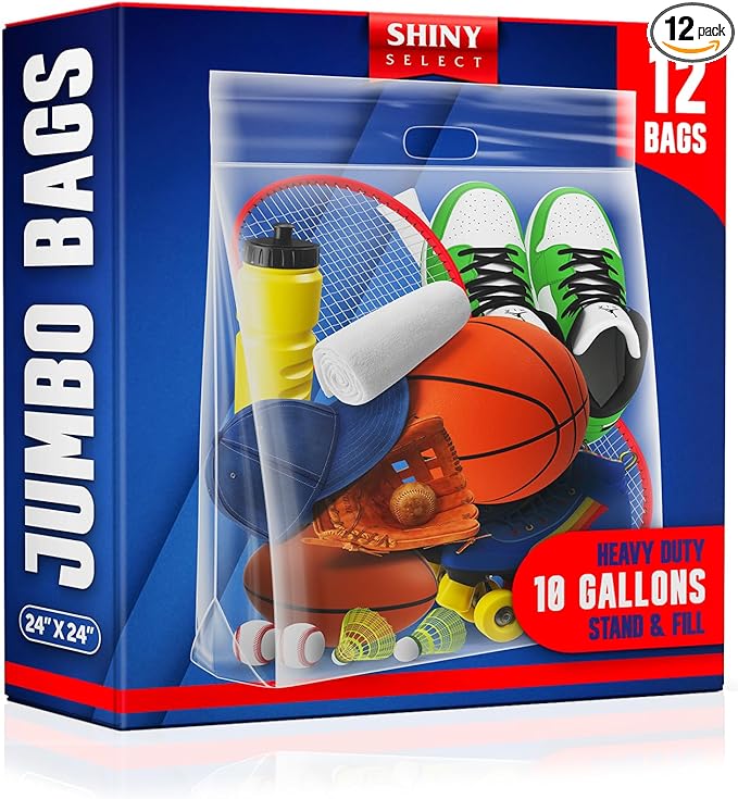 10 Gallon Jumbo Storage Bag With Handle & Resealable Zipper Top Huge Size 24" x 24",12 Clear Big Plastic Bags Extra Large XL, 4 Mil Thick Heavy Duty for Linen, Baby, Sports