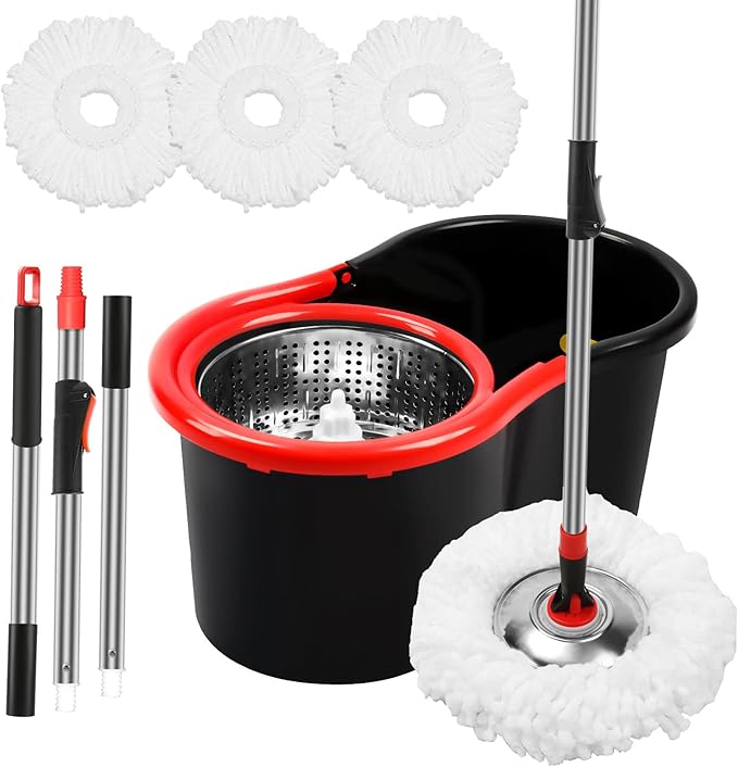 Spin Mop and Bucket with Wringer Set, 360° Spinning Mop Bucket System with 3 Microfiber Mop Replacement Heads Refills, Stainless Steel Extended Handle for Floor Cleaning Home Office