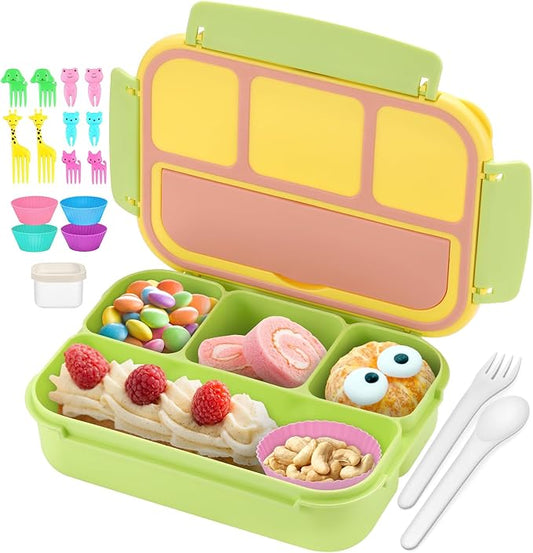 QQKO Bento Box for Kids Adults, School Toddler Lunch Box for Boys Girls, Lunch Box Containers with 4 Compartments, Sauce Container, Utensils