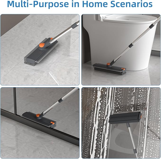 Scrub Brush with Long Handle, Floor Scrub Brush Squeegee Broom for Cleaning, 3 in 1 Shower Scrubber Floor Broom Squeegee for Concrete Tile Wall Deck Patio Grey