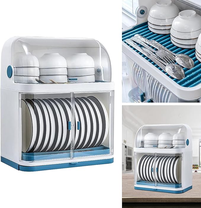 2 Tier Dish Drying Rack, Drain Board with Lid Plastic Dust Cover, Kitchen Plate Cup Dish Drying Rack, Tableware Storage Box Dishes Drain Shelf Rack Closed Holder for Home Using