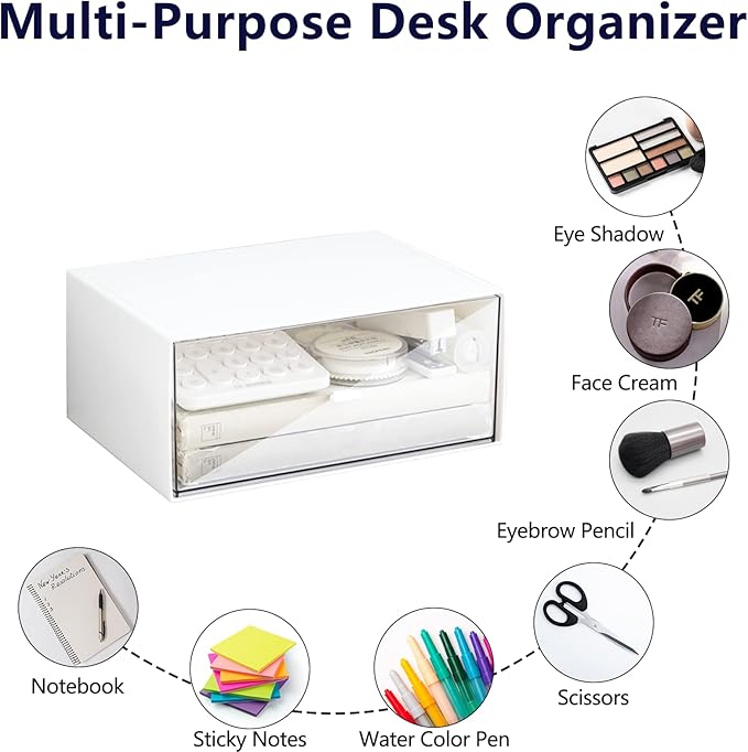 Desk Drawer Organizer, Stackable Storage Drawers, Plastic White Desk Organizers Great for Makeup Storage Bathroom Organization Accessories Etc
