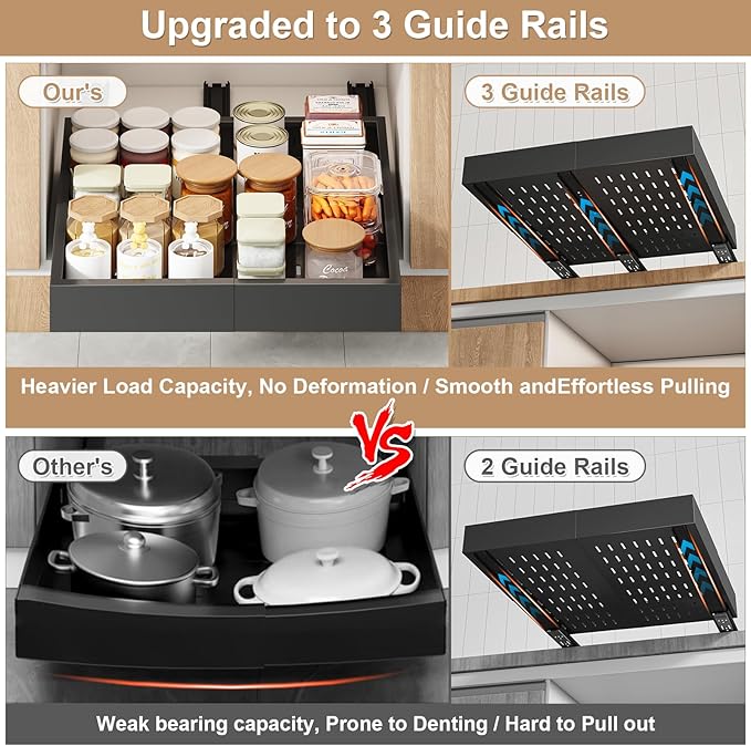 Pull out Cabinet Organizer,Width (14"-21") and Depth (17"-24") Expandable With 3 Rails,No Drill Adjustable Slide out Drawers for Kitchen,Pantry,Adhesive Roll out Shelves,for Cabinets Without Lip,Black