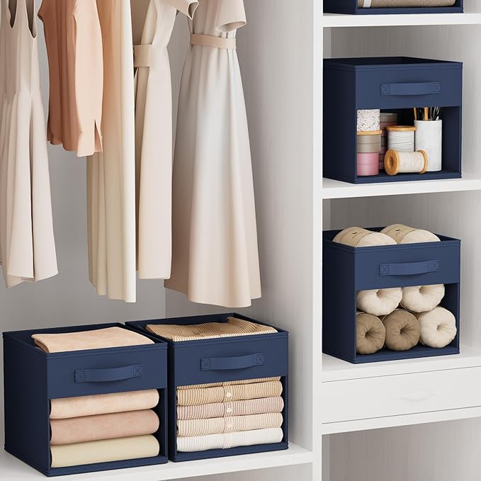 DIMJ Storage Cubes, Cube Storage Bin, 8 Pack Foldable Baskets with Window, Closet Storage Bins with Handle, 11x 11 inch Storage Cubes for Clothes, Toys, Books (Navy Blue)