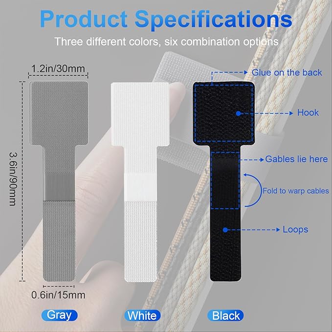 80Pcs Hook and Loop Cable Ties Under Desk Cable Management Adhesive Strips for Cord Hider Wire Organizer Computer Accessories for Desk Home Office Organization Essentials - Black
