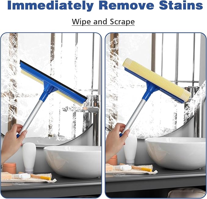 Professional Window Squeegee,2 in 1 Squeegee Window Cleaner with Long Stainless Steel Handle,Sponge Car Window Squeegee for Gas Station, Glass,Shower