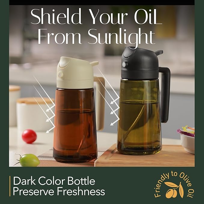 YARRAMATE 16oz/470ml Light-Blocking Dark Oil Sprayer for Cooking, 2 in 1 Olive Oil Dispenser Bottle for Kitchen, Premium Dark Green Glass Oil Bottle, Food-Grade Oil Mister for Air Fryer, BBQ (White)