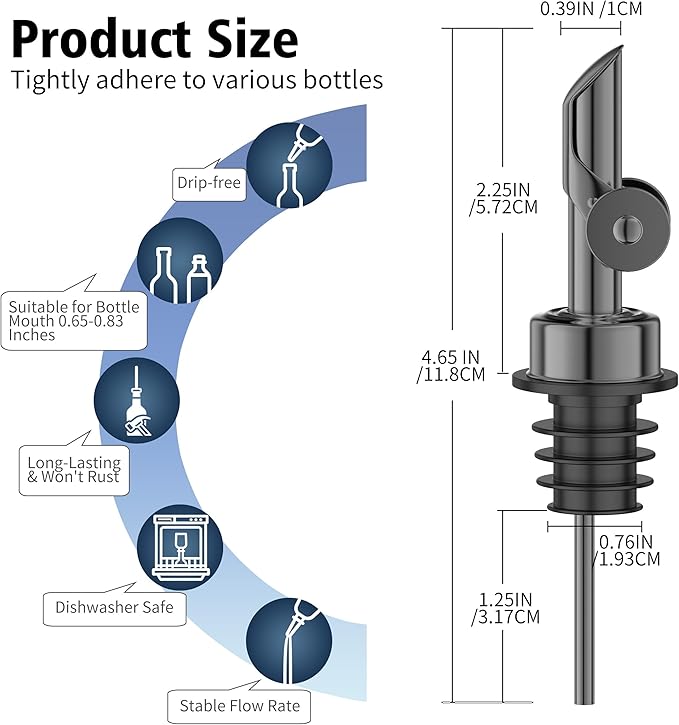 Auto Flip Liquor Pour Spouts 4-Pack, Leak-Proof 304 Stainless Steel Wine Pourer & Olive Oil Dispenser with Food-Grade Silicone for Kitchen, Bar, Restaurant (Black)