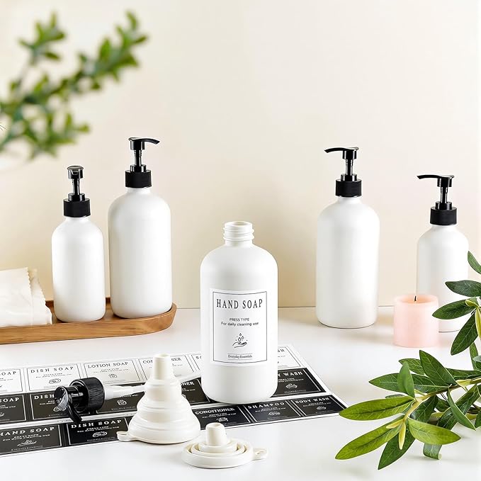 TBWIND 12 Pack 16oz White Glass Soap Dispenser Bottles with Pumps, Refillable Glass Bottles for Shampoo Conditioner Lotion, Ideal for Bathroom, Kitchen, Waterproof Labels & Funnels Included
