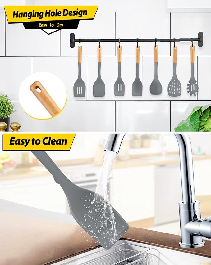 Silicone Kitchen Utensil Set for Non Stick Cookware, 7 Pcs Heat Resistant Cooking Utensils with Wooden Handle, BPA Free Kitchen Tools with Spatulas, Spoons, Skimmer and Pasta Fork (GRAY)