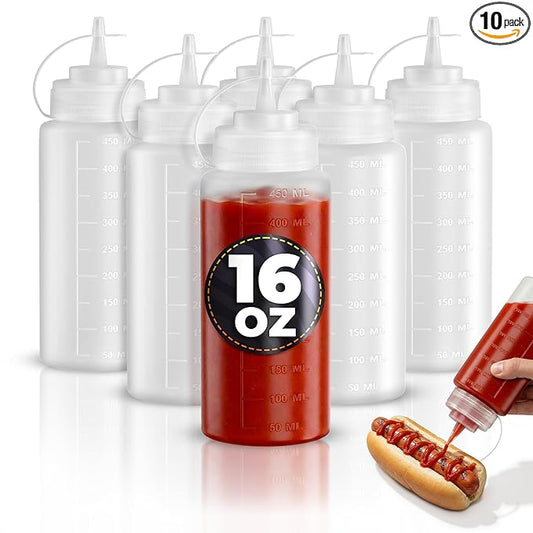 6-Pack Plastic Condiment Squeeze Bottles 16 oz – Refillable Squirt Bottles with Narrow Tip, Leak-Resistant | Great for Oil, Sauces, Ketchup