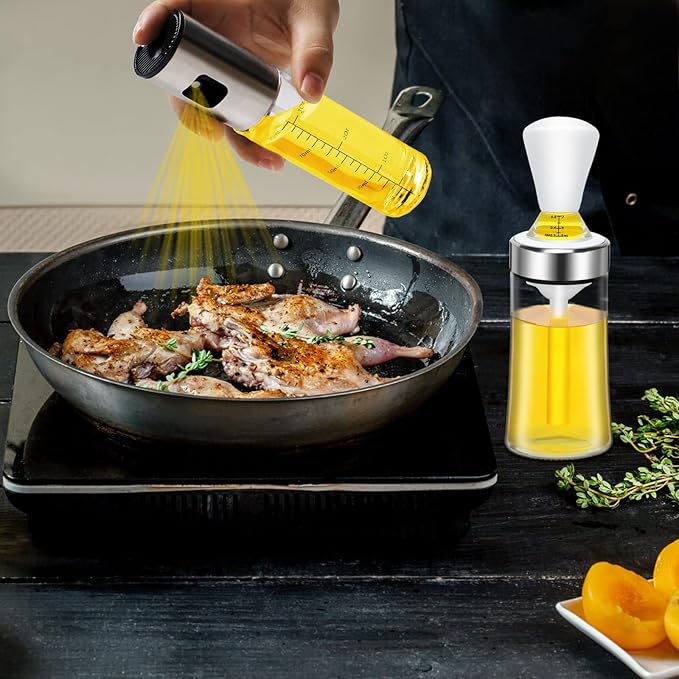 Olive Oil Sprayer and Dispenser with Silicone Brush for Cooking, Spray Bottle Set, Glass Dispenser, Mister, Salad, BBQ, Kitchen Baking, Roasting, Air Fryer, 2 Pack, (KP02)