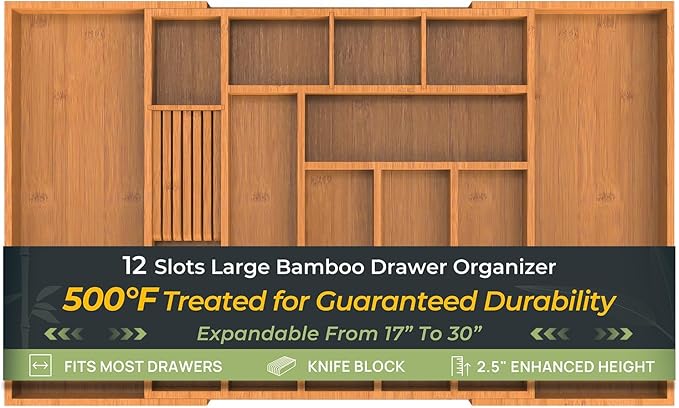 Carbonized Large Bamboo Kitchen Drawer Organizer