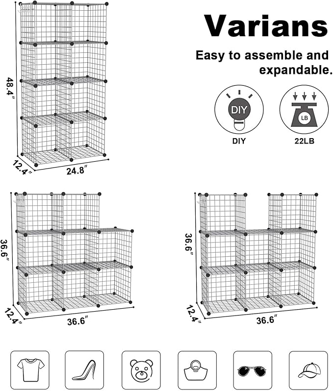 C&AHOME Wire Cube Storage, 8 - Cube Organizer Metal C Grids, Modular Shelves Units, Closet Organizer, Ideal for Home, Office, Living Room, 24.8" L x 12.4" W x 48.4" H, Silver Gray UWCS3008G