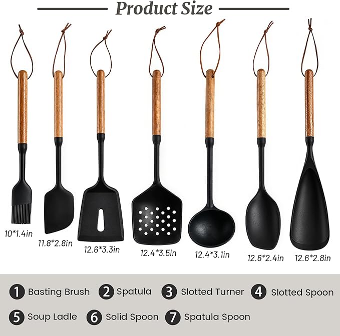 Silicone Cooking Utensils Set, 7PCS Silicone Kitchen Utensils with Wooden Handles, Heat Resistant Spatula Spoon Turner with Hanging Rope,Gadgets Utensil Set for Non-Stick Cookware BPA Free (Black)