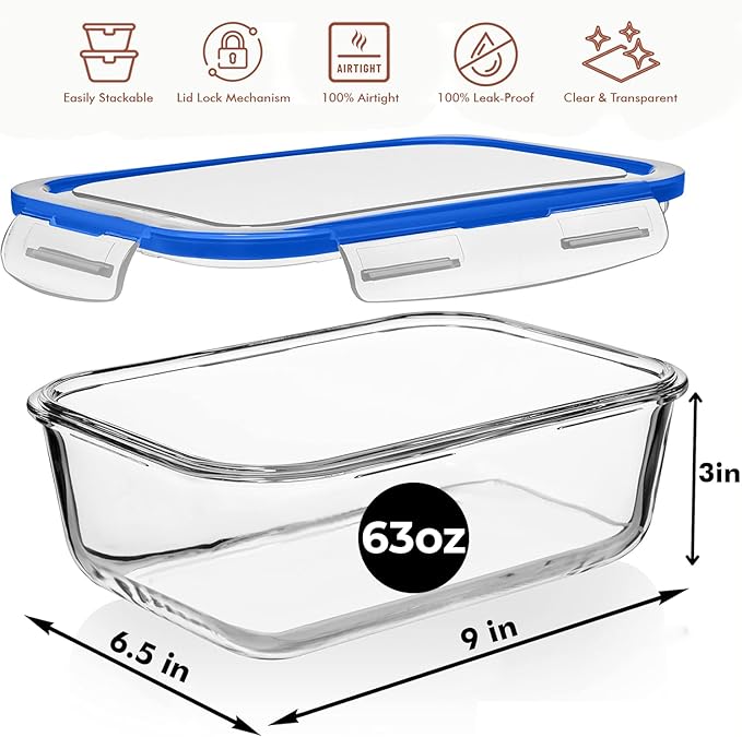 Razab 4 PC 1860ml / 63 Oz / 8 Cups Large Glass Food Storage Containers with Lids - Glass Meal Prep Containers for Roasting & Storing Leftover