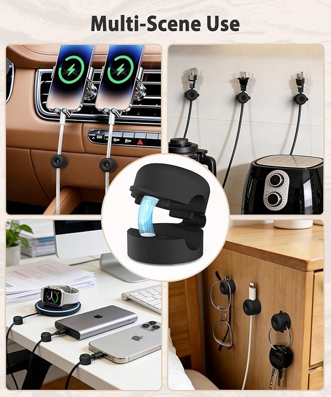 8 Pack Magnetic Cable Clips, Cord Organizer [Mini Soft Silicone] Durable Cord Holder for Phone Charger Cord, Adhesive Cable Management for Nightstand, Home Office Desk Accessories (Black)