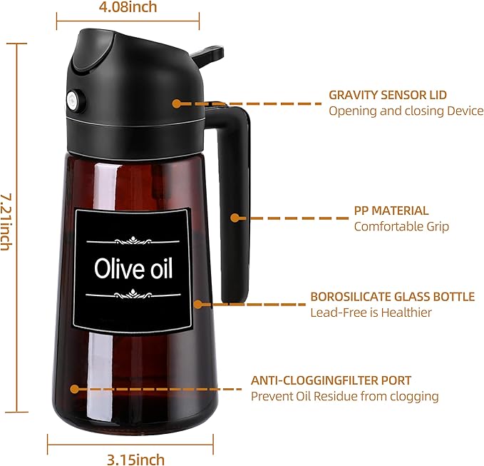 Olive Oil Dispenser, Sprayer for Cooking 2 in 1- Spray and Pour, Premium Dark Black Glass Oil Bottle, 16oz/470ml Light-Blocking Dark Oil Sprayer, for Air Fryer, BBQ, Salad