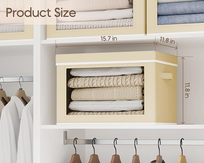 Homsorout Collapsible Storage Bins with Lids - Stackable Storage Boxes with Window, 15.7 Inch Fabric Organizing Bins for Closet, Home & Office Organization Baskets, Beige, 3 Pack