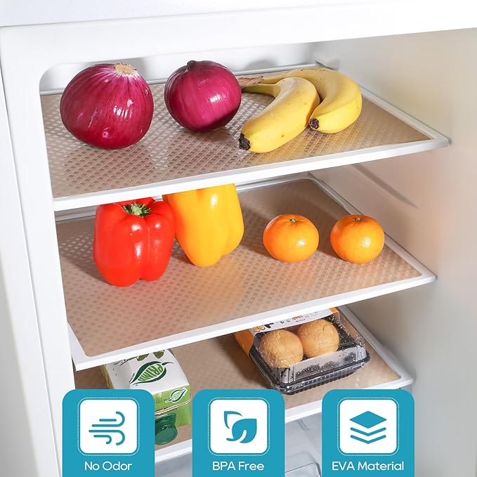 Shelf Liners for Kitchen Cabinets, Waterproof and Oil-Proof Kitchen Cupboard Liner, Refrigerator Liners and Plastic Drawer Mats EVA Non Adhesive Shelves, Fridge - Beige 11.8 x 118 Inches