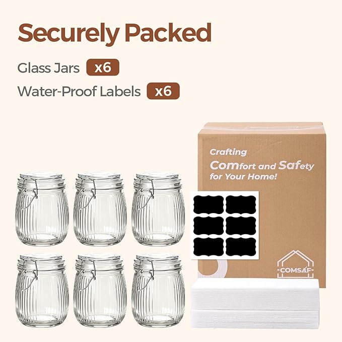 ComSaf 25oz Fluted Glass Mason Jars - Set of 6 Vintage Canisters with Airtight Lids for Sourdough Starter, Pickling, Coffee & Pantry Organization