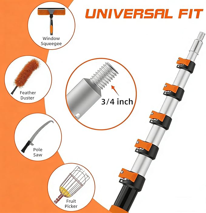 26FT Window Cleaning Kit, 2-in-1 Squeegee with 5-20FT Telescoping Pole & Flip-Lock & Screw Dual Locking