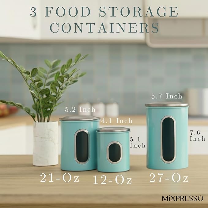 Mixpresso 3-Piece Aqua Blue Canisters Sets For The Kitchen, Airtight Canister Set With See Through Window, Storage Jars for Coffee Container