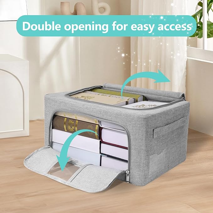 3 Pack Clothes Storage Bins, Foldable Metal Frame Storage Box with Lids,Stackable Linen Fabric Organizer Set with Carrying Handles,Zippers,and Clear Window (Grey, 24L)