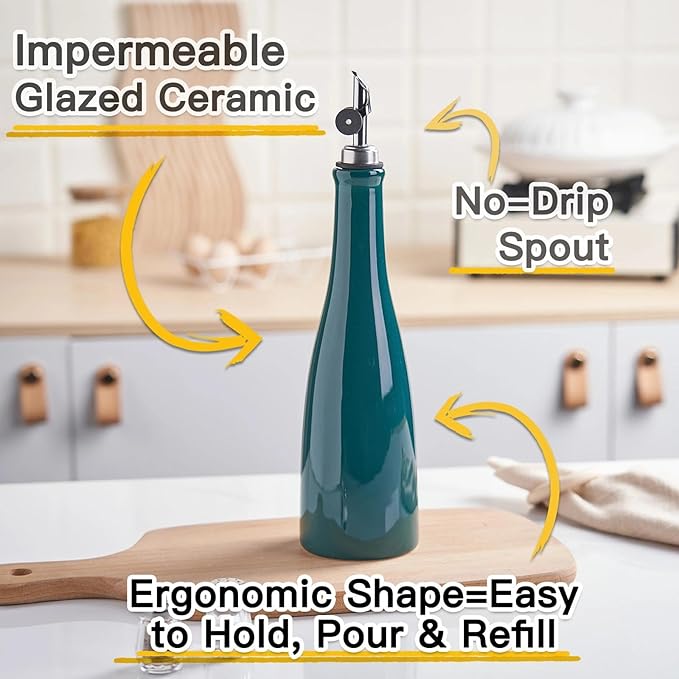 YOLIFE Olive Oil Dispenser Bottle, 20oz Ceramic Oil Dispenser for Kitchen, Oil Bottle with Gravity Spout, Leak Proof EVOO Dispensing Bottle with 2 Spouts and 1 Funnel for Vinegar, Juice(Green)