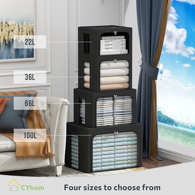 CYhom 3Pack Foldable Storage Bins - Frame Storage Box Linen Fabric Stackable Clothes Container Organizer with Clear Window & Carry Handles Large Capacity (Small-22L, Black)