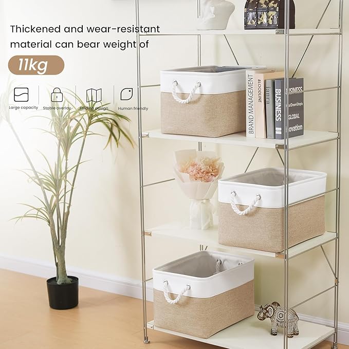 Large Storage Baskets- 15x11x10 inch Storage Bins for Shelves and Closet Organizing, Foldable Fabric Bin for Home Organization Clothes and Laundry (6-Pack, White&Khaki)