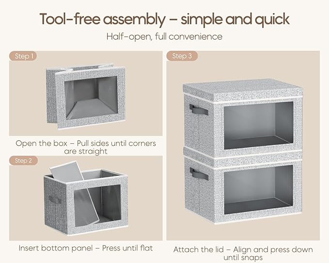 Homsorout Collapsible Storage Bins with Lids - Stackable Storage Containers with Window, 6 Pack Fabric Cube Bins for Closet, Home & Office Organization Baskets, Light Gray, 14.9" x 9.8" x 9.8"