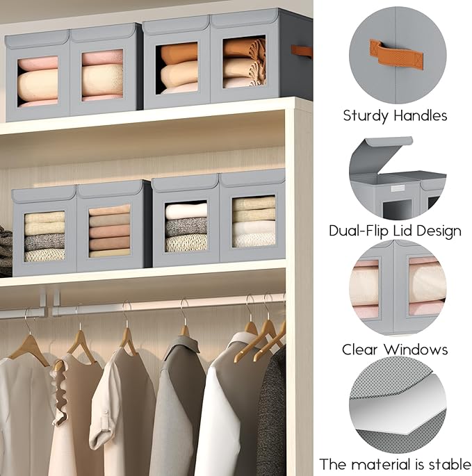Homsorout Large Closet Storage Bins - Collapsible Divided Clothes Organizer with Lids & Dual Window, Fabric Organizing Bins for Clothes, Sweater, Bedroom, Office (Grey, 4 Pack)