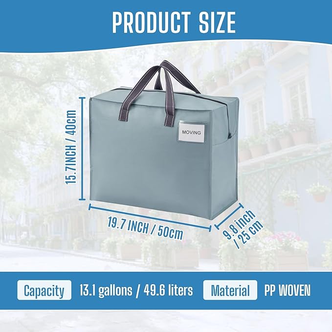 VENO 4 Pack Heavy Duty Moving Bags, Storage Bags, Packing Supplies, Top Zipper, Storage Totes for Camping, Clothes, Bedding, Comforters, Pillows (13 Gallon Light Blue, 4 Pack)