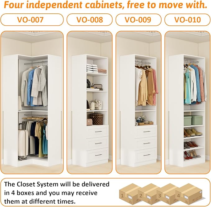 Vomavex Closet System with 4 sets, 101.9" Closet Organizer Systems with 6 Drawers & 8 Hanging Rods & Adjustable Shelves