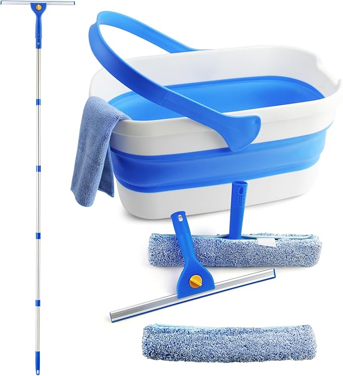 Window Cleaning Kit with Collapsible Bucket 3 Gallon, 14" Window Squeegee and 15" Scrubber with 61" Long Handle