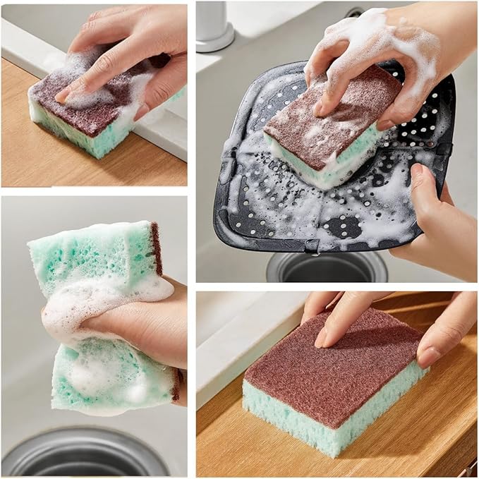 3 Kitchen Sponges+ 5 Striped Green Microfiber Cleaning Cloths, Absorbent Lint-Free Reusable for Kitchen Dishes, Quick-Drying Gentle on Surfaces
