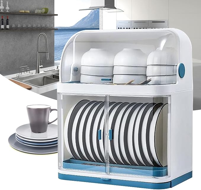 2 Tier Dish Drying Rack, Drain Board with Lid Plastic Dust Cover, Kitchen Plate Cup Dish Drying Rack, Tableware Storage Box Dishes Drain Shelf Rack Closed Holder for Home Using