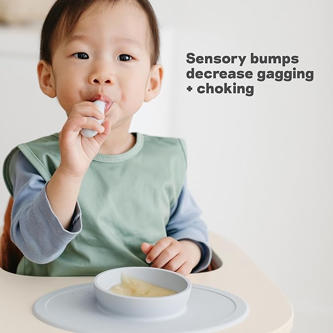 ezpz Tiny Spoon (2 Pack in Blush) - 6 Months+ - 100% Silicone Spoon for Baby Led Weaning + Purees - Designed by a Pediatric Feeding Specialist - Shower Essentials & Gifts