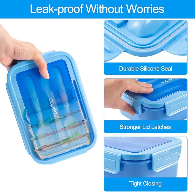 Caperci Classic Bento Lunch Box for Adult & Older Kids - Leakpoof 47 oz 3-Compartment Lunch Containers for Adults and Teens, Built-in Utensil Set