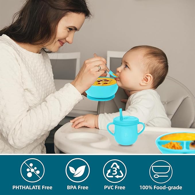 100% Silicone baby feeding set,BPA free Baby dishes set with Suction Bowl Divided Plate,Toddler Self Feeding Dish Set with Spoons Forks Sippy Cup And Bib, Baby Eating Utensils (Cyan Blue)