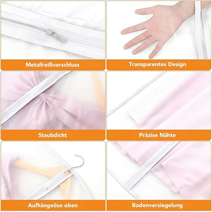6 Pack Garment Bags 60 * 100cm, 40in PEVA Translucent Garment Covers, White Edge