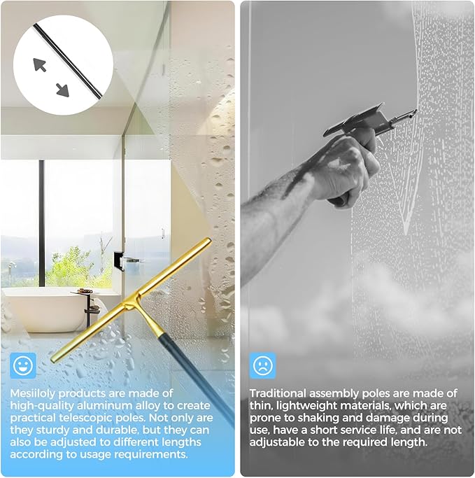 16.7“- 59.5" Long Handle Window Squeegee with Extension Pole, 12.4" Wide Metal Shower Squeegee for Glass Doors