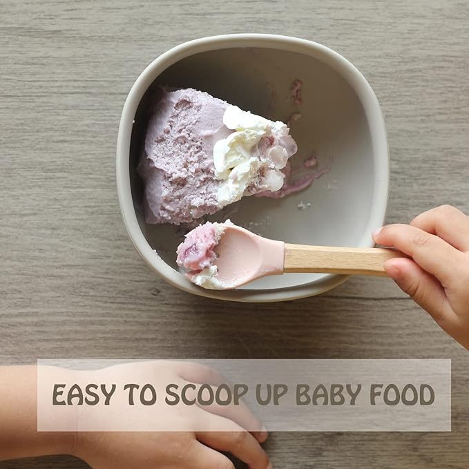 Ginbear Silicone Baby Spoons and Forks Self-feeding 12-18 Months, Soft-Tip Baby Flatware Sets, Toddler Feeding Utensils for Child, 4 Piece Set (Hazy Green/Almond)